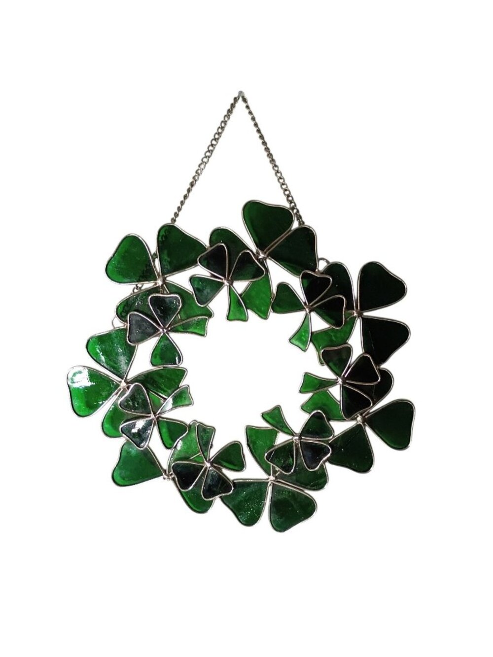 Stained Glass Green Shamrock 3 Clover Wreath Suncatcher Irish St Pattys Day READ